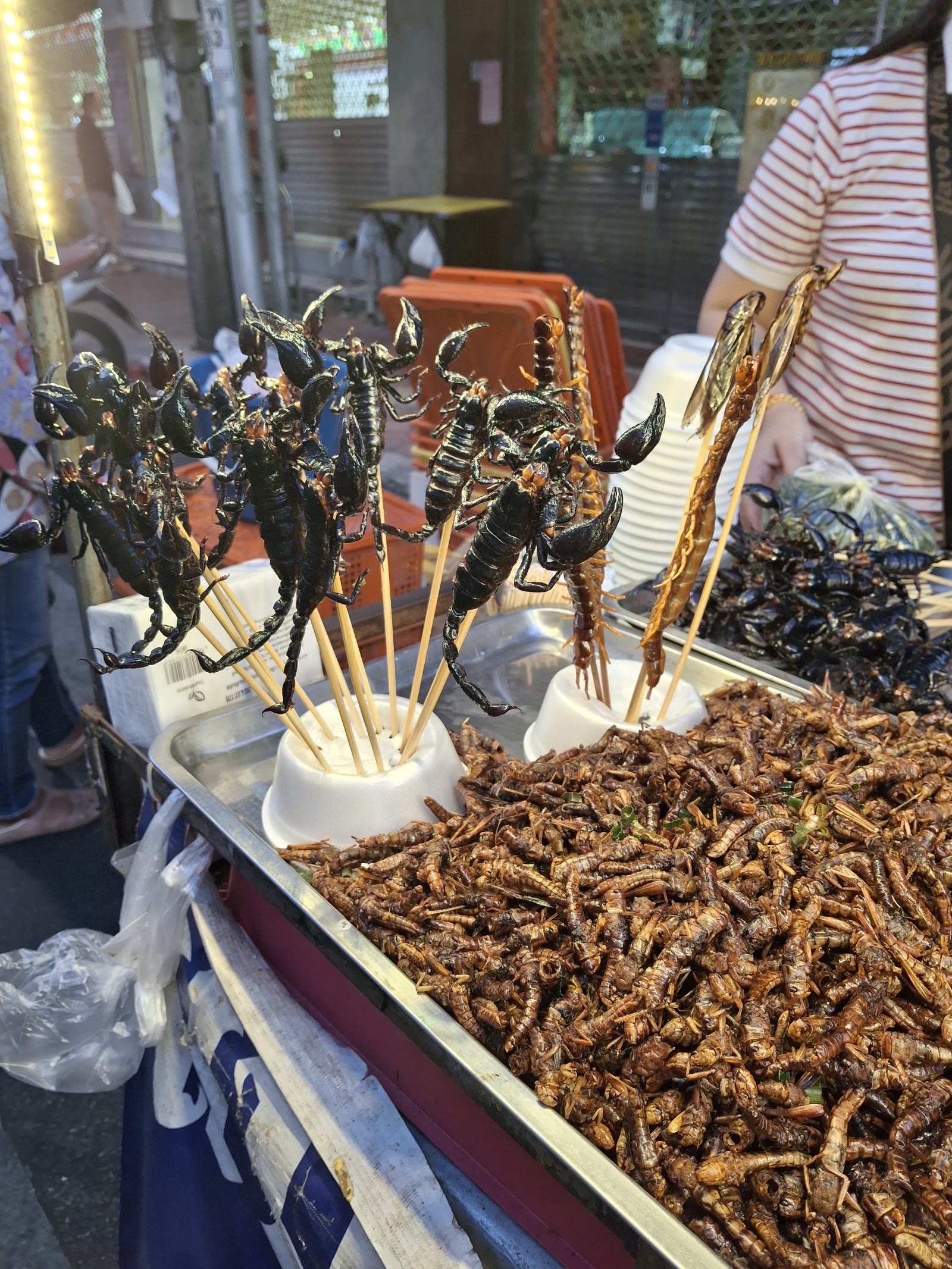 A tray of fried larvae beside skewered scorpions at a street stall
