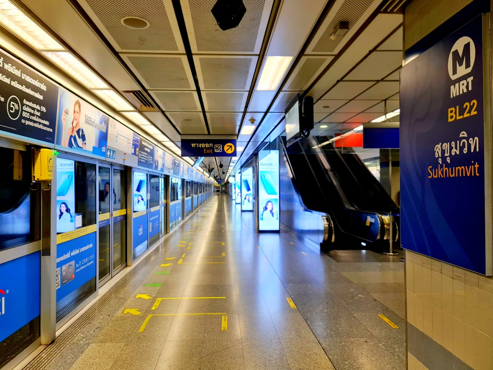 Platform and station sign at MRT Sukhumvit station on the Blue Line