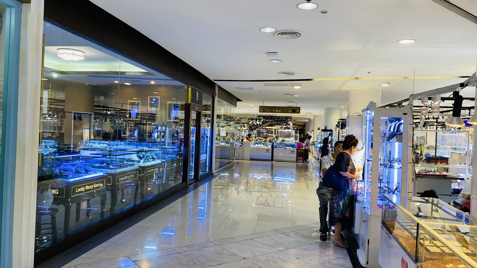 A corridor of glass-fronted jewelry shops inside the Jewelry Trade Center on Silom Road