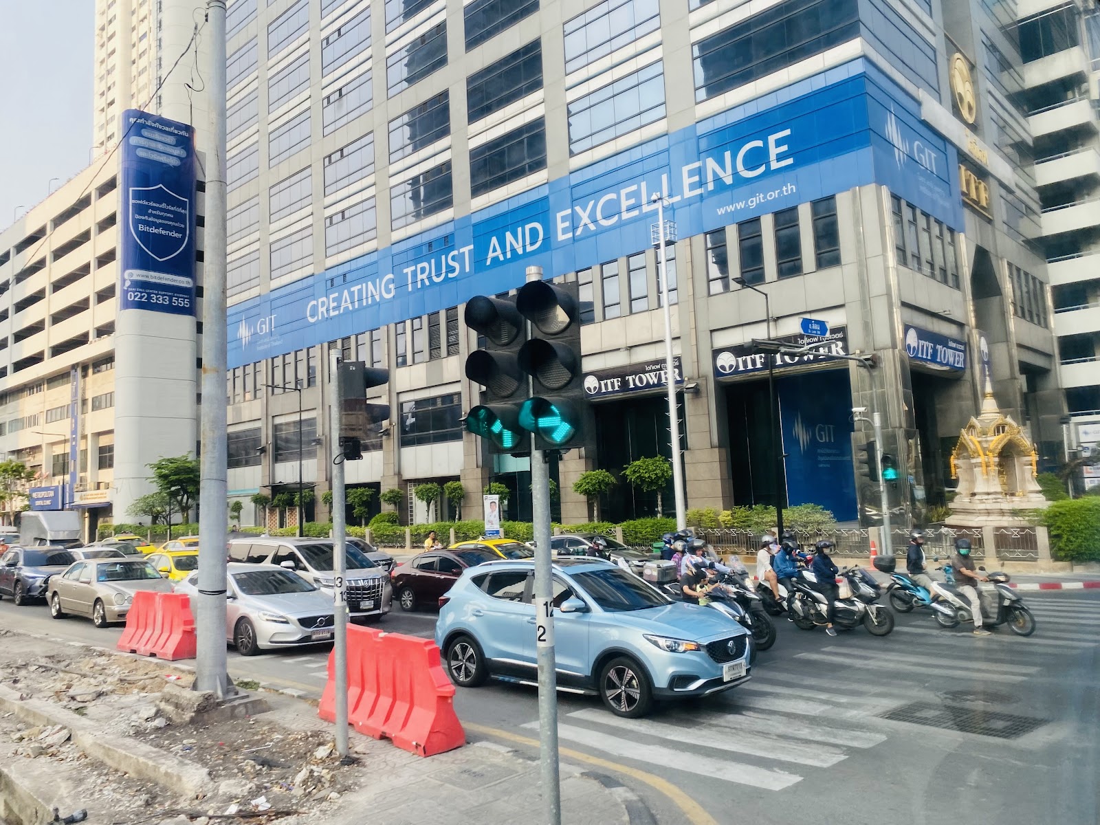 The ITF Tower on Silom Road, home of the Gem and Jewelry Institute of Thailand, with its banner
