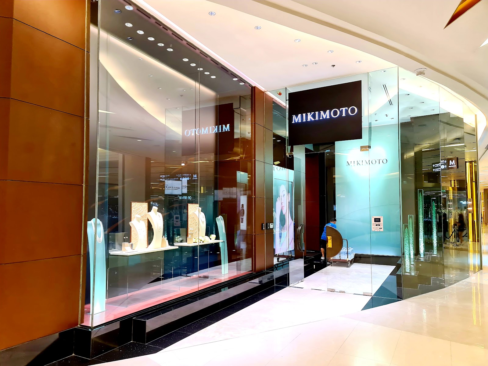 The glass-fronted Mikimoto boutique with pearl necklaces on display in Siam Paragon