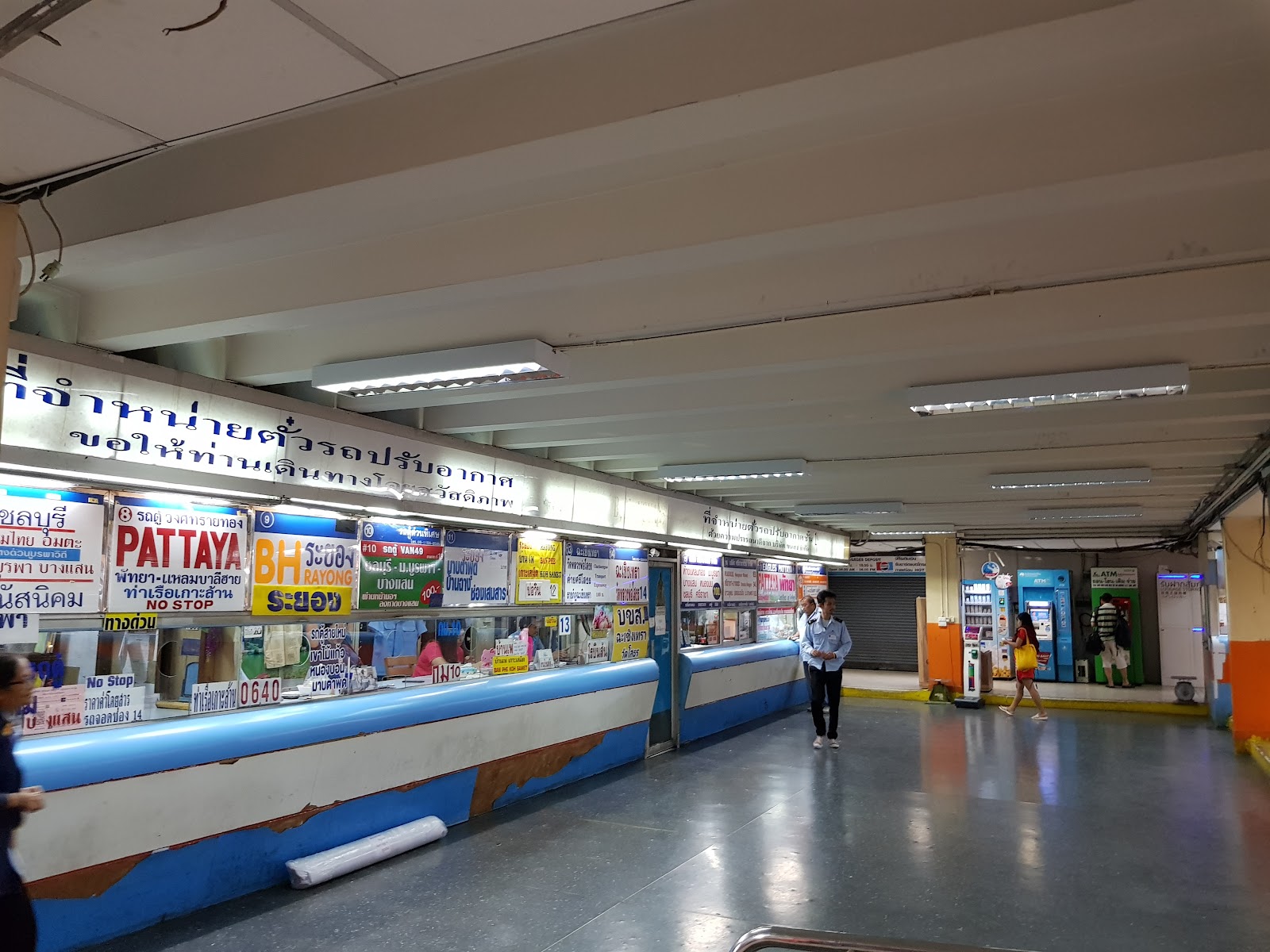 Ticket counters at Ekkamai Bus Terminal, one with a Pattaya sign
