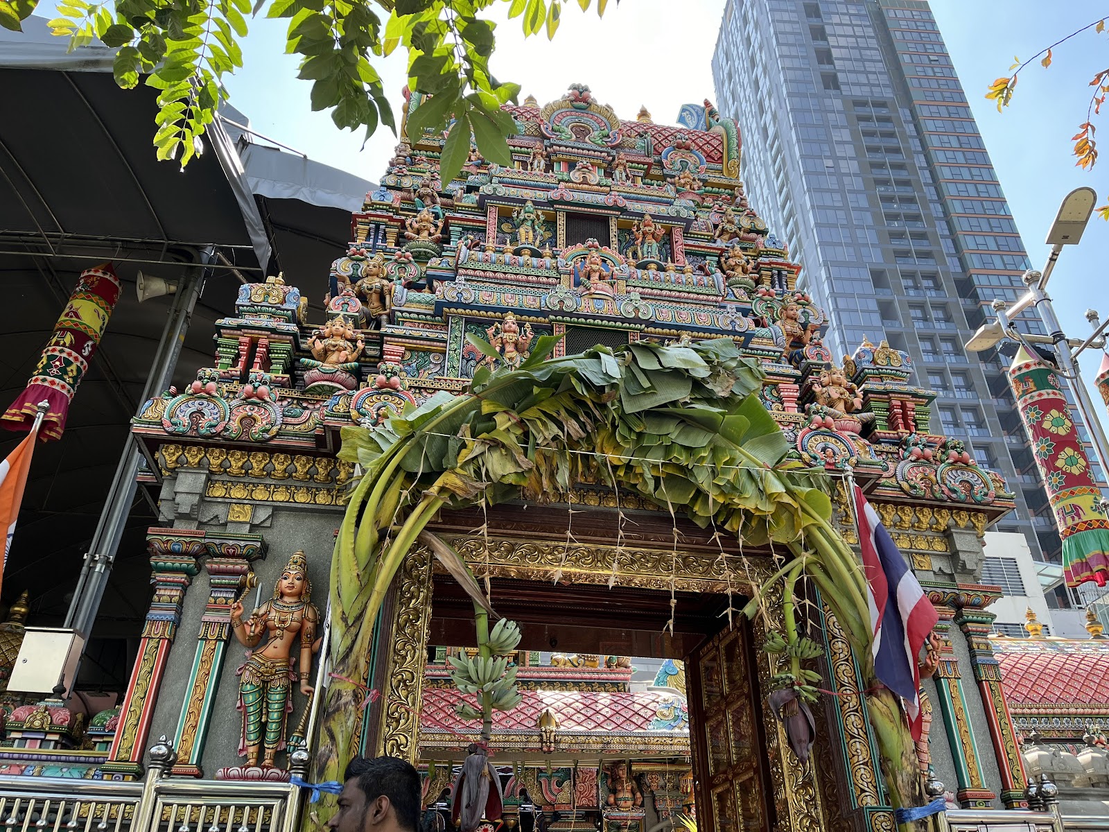 The ornate, colorful gopuram entrance tower of the Sri Maha Mariamman Temple on Silom Road