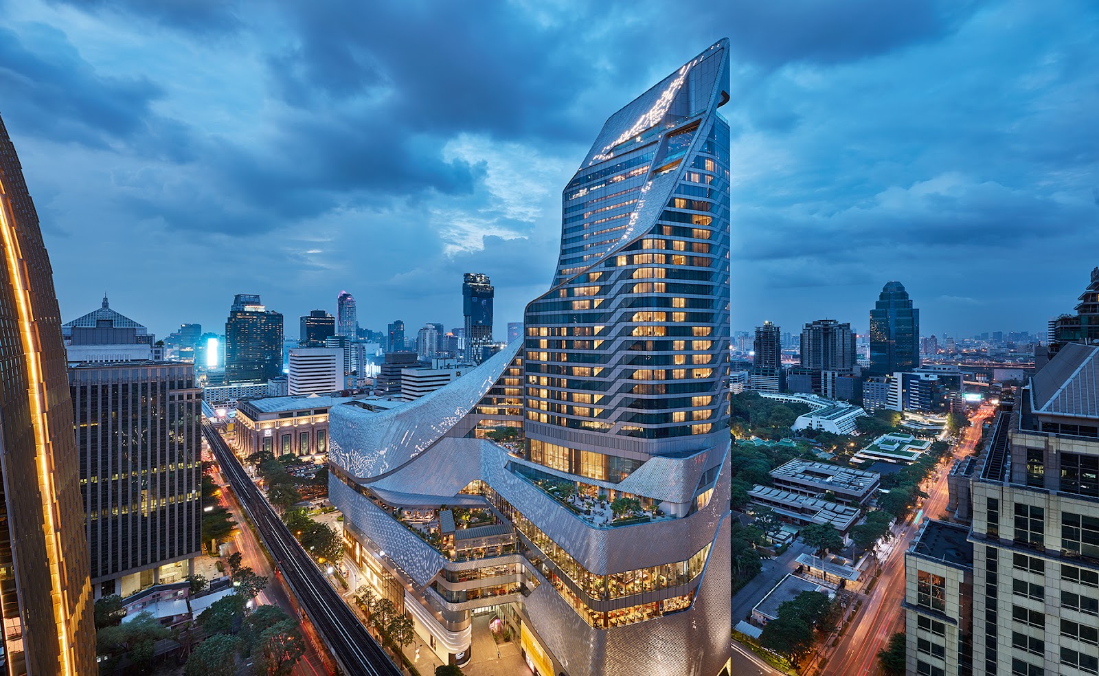 Central Embassy tower, home of Park Hyatt Bangkok, above Ploenchit Road at dusk