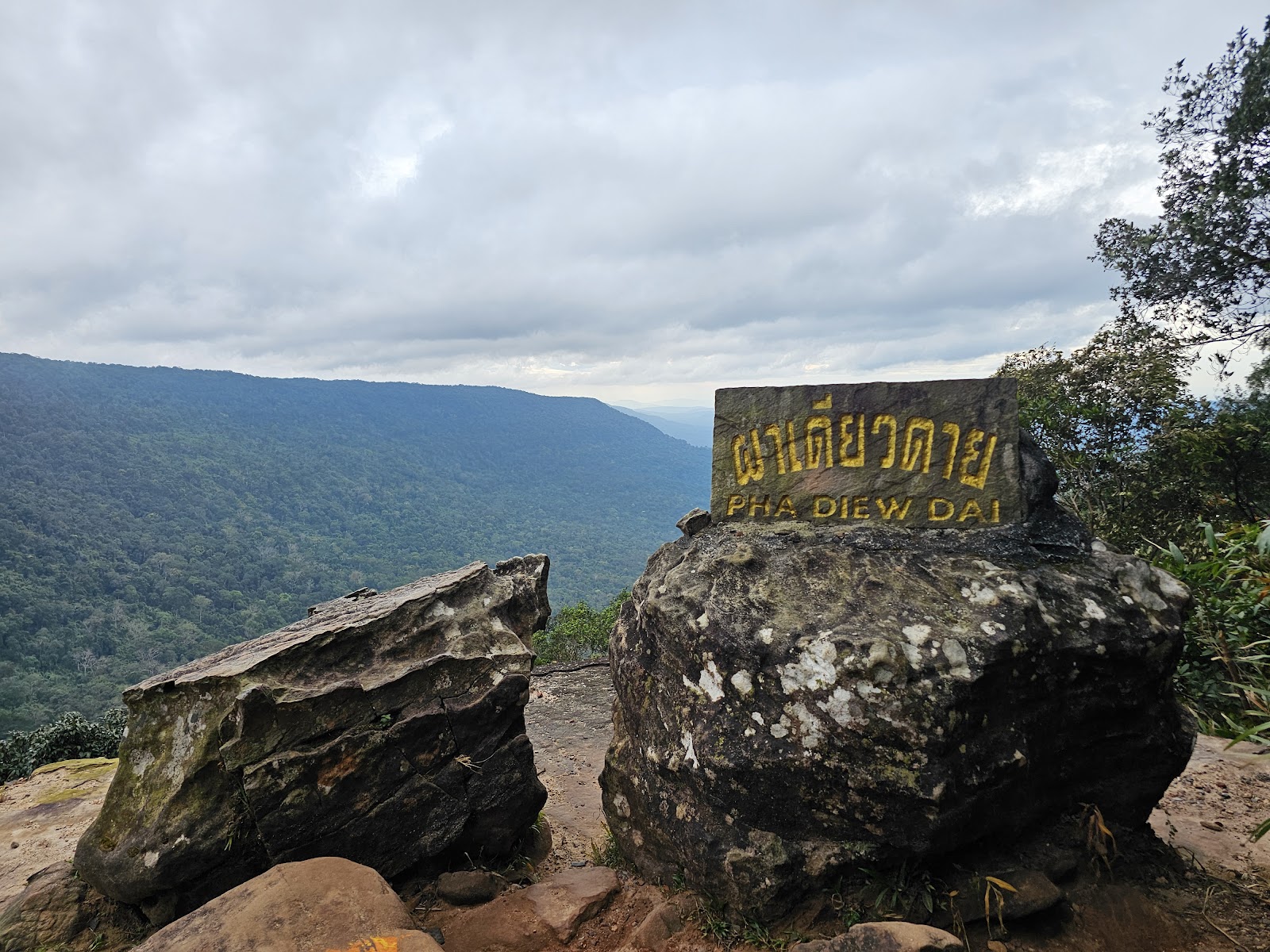 The Pha Diao Dai sign on boulders at a cliff edge above a forested valley