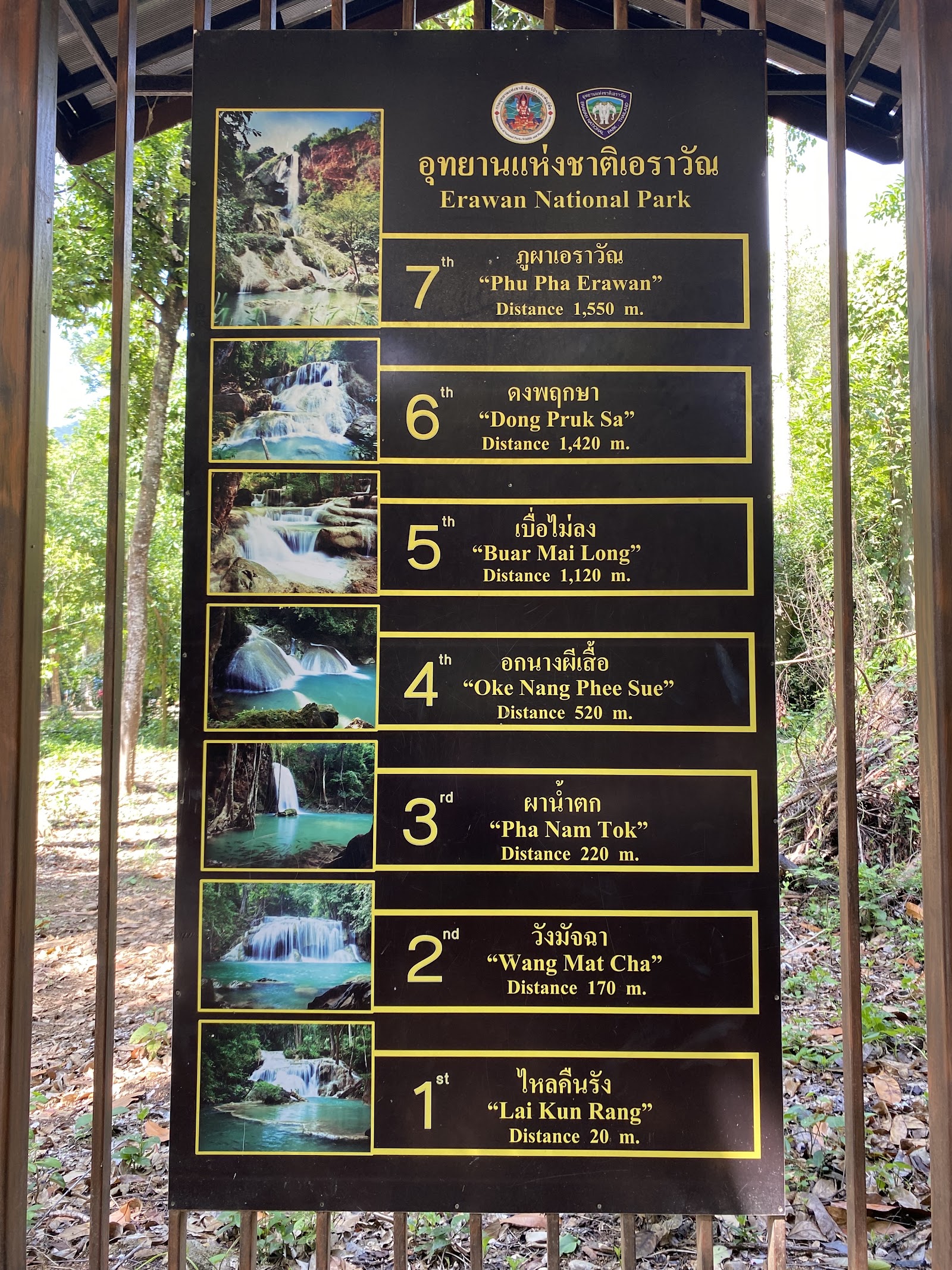 A signboard at Erawan National Park listing the seven waterfall tiers and the distance to each