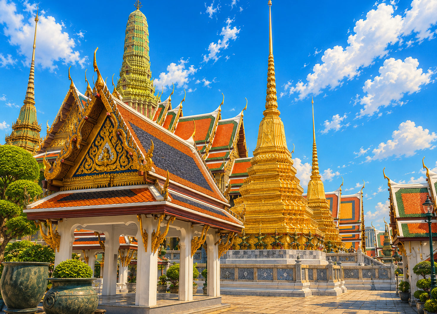 Golden chedi and pavilions at Wat Phra Kaew in the Grand Palace under a blue sky