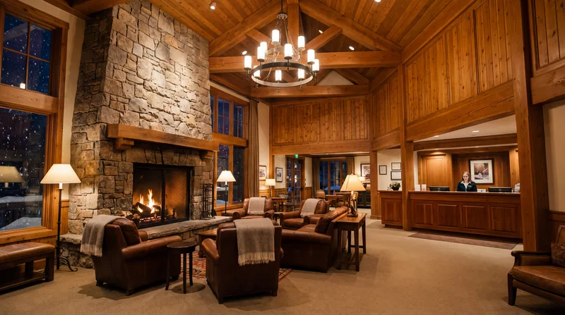 Snowlark Lodge sample: lodge lobby with a stone fireplace