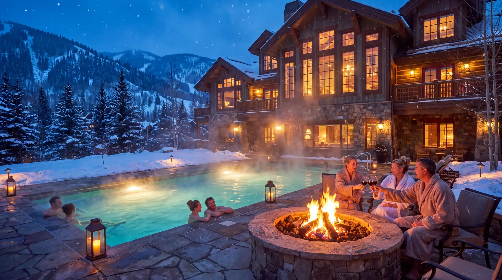 Snowlark Lodge sample: heated pool and fire pit outside a timber lodge at twilight