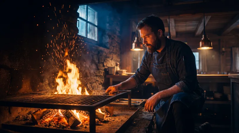 Alpine Ember sample: chef tending an open-fire grill
