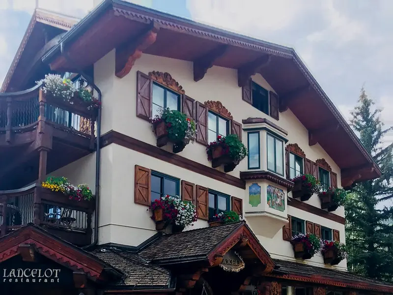 Alpine-style building of Lancelot Restaurant in Vail Village