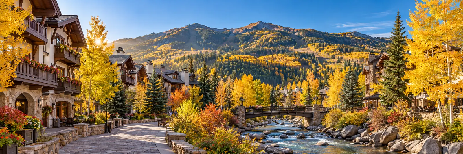 AI illustration of an alpine village and creek framed by golden autumn aspens
